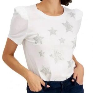 INC-INTERNATIONAL CONCEPT White/Silver Embellished Puff Sleeve Top. Size: (1X)